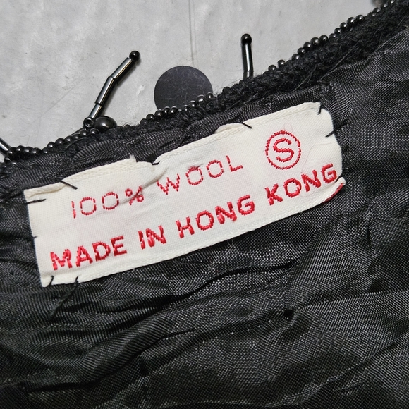 Vintage Sz Small Hand Beaded 100% Wool Boat Neck Whimsical Black Sequin Blouse - Picture 5 of 15